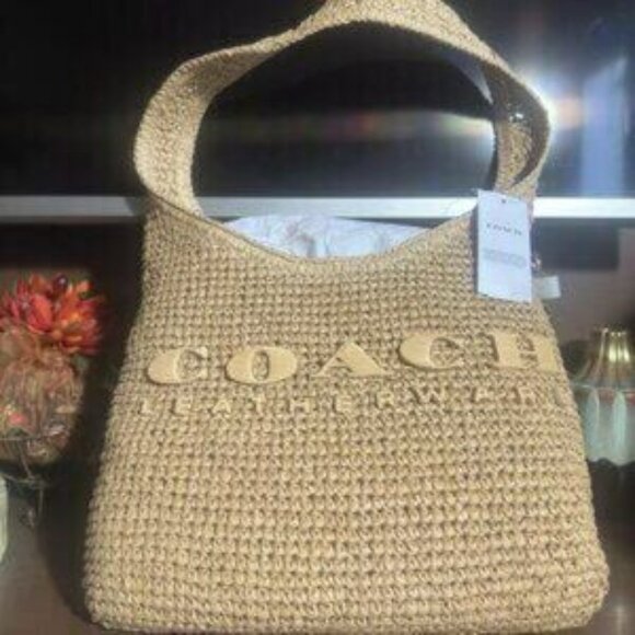 Coach Brooklyn 28 Woven Shoulder Bag Beige Woven Hobo Bag - Picture 1 of 5